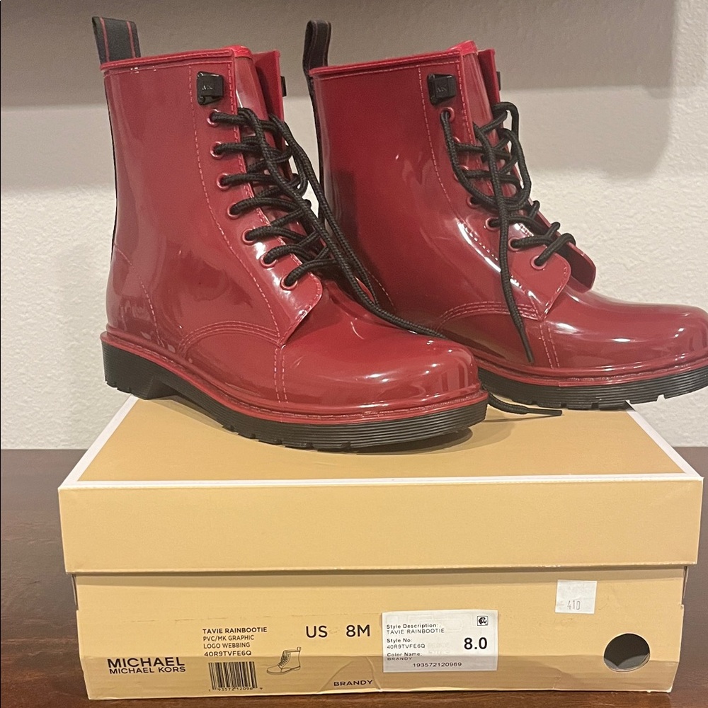 Michael Kors Red Patent Lace-Up Ankle Boots with Black Laces